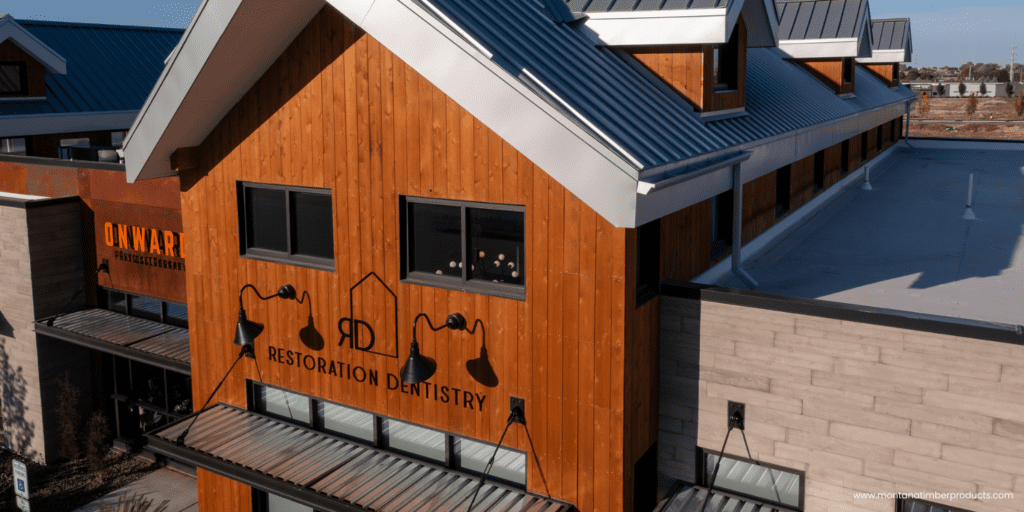 brown wood siding - commercial dental office facade - montana timber products