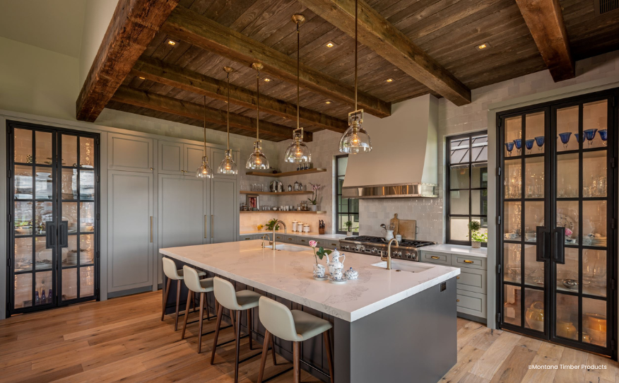 reclaimed looking wood - kitchen wood ceiling - montana timber products