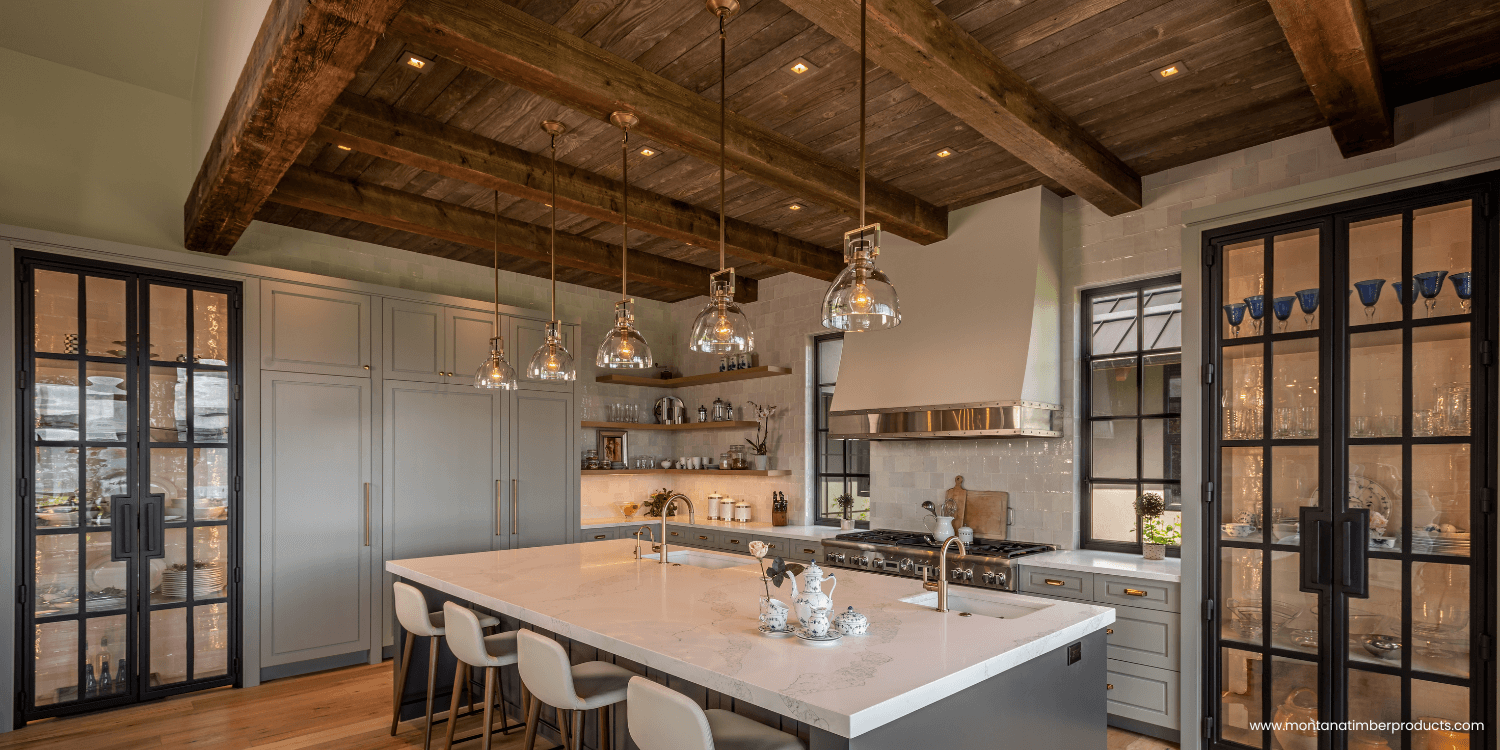 wood kitchen ceiling - ranchwood artisan dusk - montana timber products