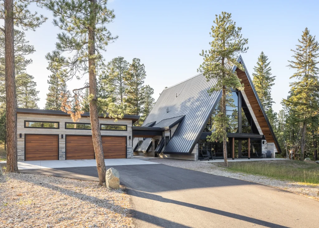 AFrame Custom home driveway wood siding ash