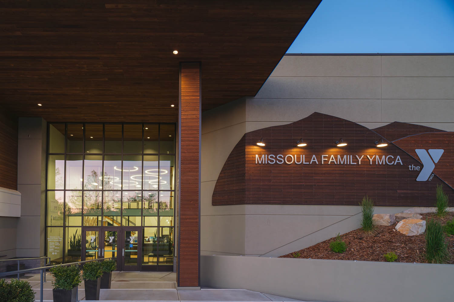 Main Entrance at night time of the Missoula YMCA
